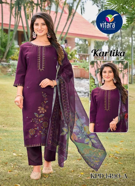 Kartika By Vitara Roman Silk With Embroidery Work Kurti With Bottom Dupatta Bulk Orders In India